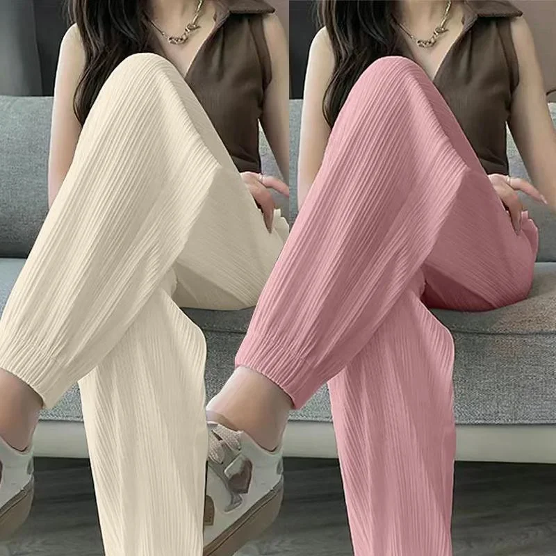 Pantalon large décontracté style streetwear léger uni taille élastiquée sarouel court femme