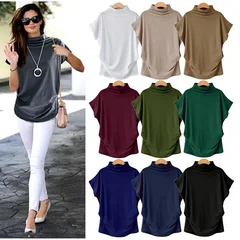S-5XL Women's High Neck Short Sleeve Solid Color Summer Top-2