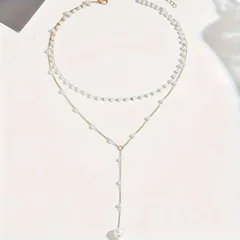 Collier élégant en Y superposé avec accents de fausses perles et pendentif pompon-3
