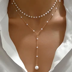 Collier élégant en Y superposé avec accents de fausses perles et pendentif pompon-1