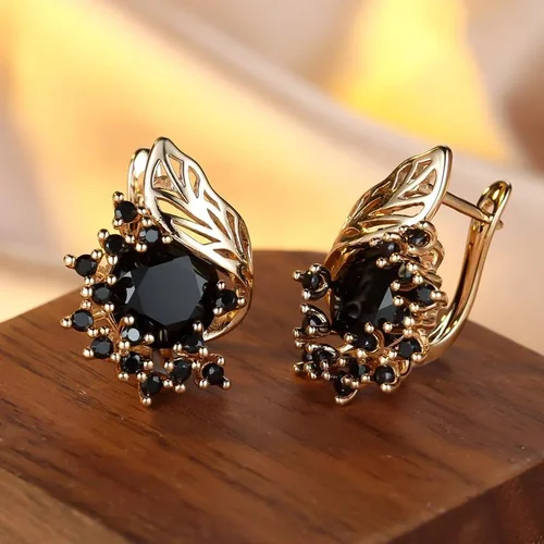 Bohemian Leaf Flower Black Zircon Hoop Earrings for Women