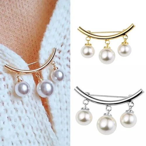 Imitation Pearl Safety Pin Brooch with Chain