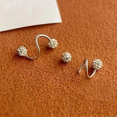 Stainless Steel Spiral Rod Ball Earrings with Rhinestone Inlay-3