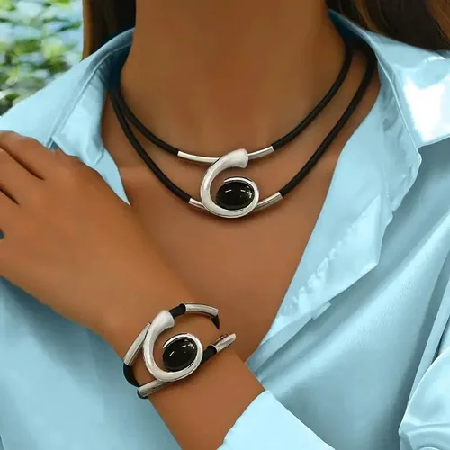 Bohemian Hand-Woven Leather Bracelet and Necklace Set with Alloy Magnetic Clasp