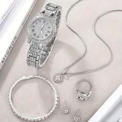 6-teiliges Damen-Set mit Strass-Quarz-Analoguhr und Schmuck-6