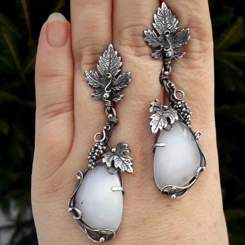 Vintage Grape Leaf Opal Moonstone Drop Earrings