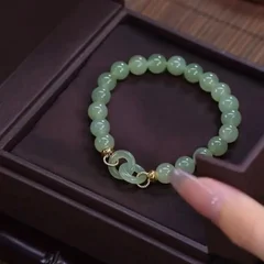 Natural Jade Bead Bracelet with Heart Charm-3