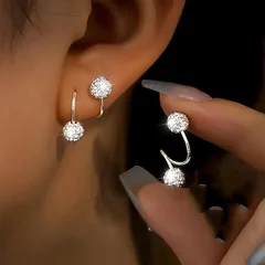 Stainless Steel Spiral Rod Ball Earrings with Rhinestone Inlay-1