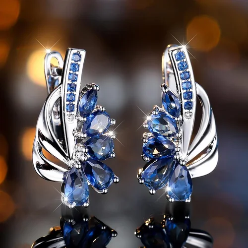 Women's Silver Color Flower Dangle Earrings with Blue Green Zircon