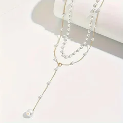 Collier élégant en Y superposé avec accents de fausses perles et pendentif pompon-4