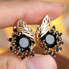 Bohemian Leaf Flower Black Zircon Hoop Earrings for Women-2