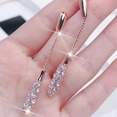Rose Gold Water Drop Rhinestone Long Drop Earrings-1