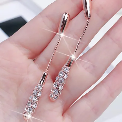 Rose Gold Water Drop Rhinestone Long Drop Earrings