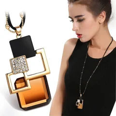 Geometric Crystal Pendant Sweater Chain Necklace for Women-8