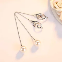 Vintage Korean Style Pearl Zircon Tassel Dangle Earrings for Women-3