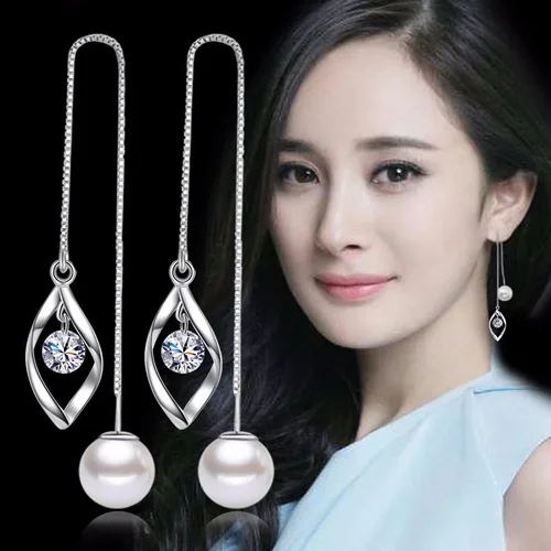 Vintage Korean Style Pearl Zircon Tassel Dangle Earrings for Women