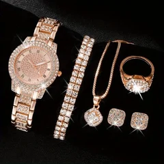 6-teiliges Damen-Set mit Strass-Quarz-Analoguhr und Schmuck-2