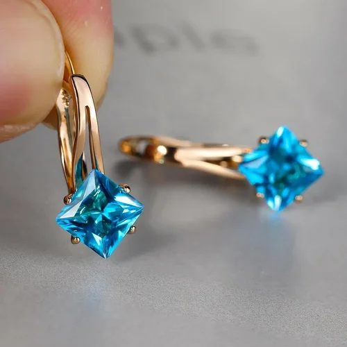 Gold Color Diamond Cut Aqua Blue Stone Engagement Earrings