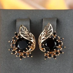 Bohemian Leaf Flower Black Zircon Hoop Earrings for Women-4