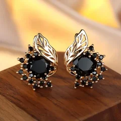 Bohemian Leaf Flower Black Zircon Hoop Earrings for Women-3