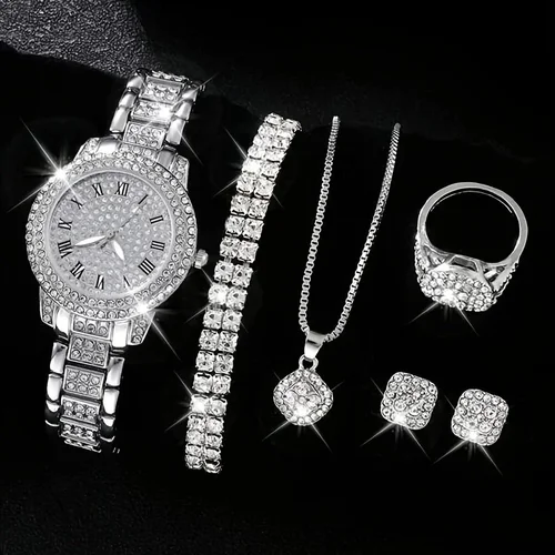 6-Piece Women's Rhinestone Quartz Analog Watch and Jewelry Set