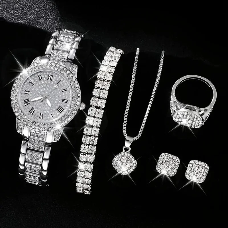 6-teiliges Damen-Set mit Strass-Quarz-Analoguhr und Schmuck