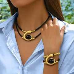 Bohemian Hand-Woven Leather Bracelet and Necklace Set with Alloy Magnetic Clasp-2