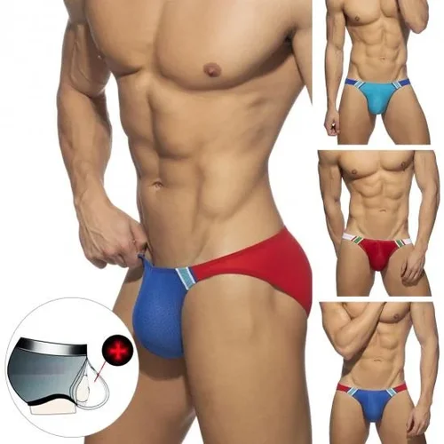 Men's Contrast Color Hollow Out Polyester Swim Trunks